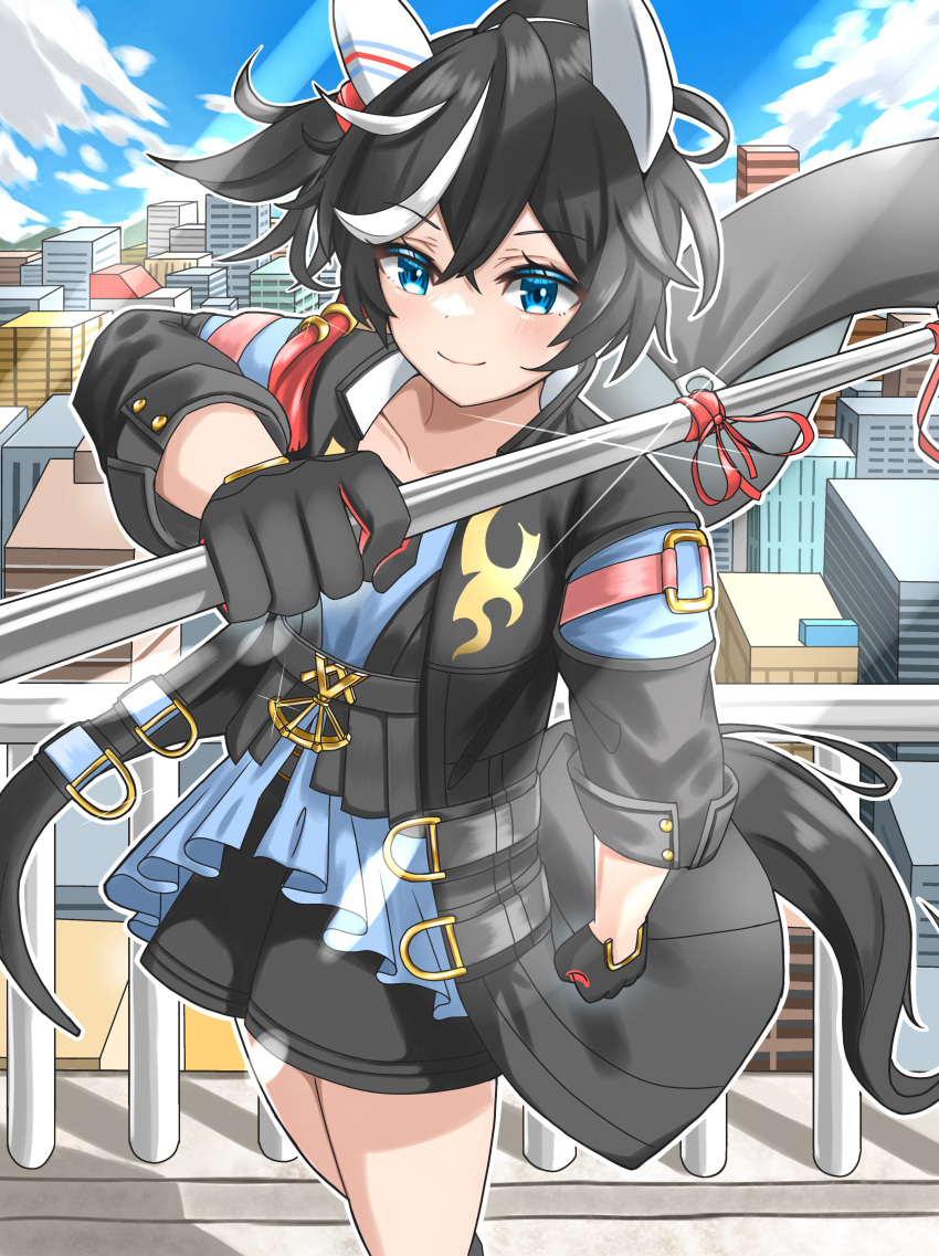 1girl absurdres animal_ears black_coat black_gloves black_hair black_shorts blue_eyes blue_shirt blue_sky blush breasts button_gap clenched_hand closed_mouth cloud cloudy_sky coat commentary_request cowboy_shot ear_covers fingerless_gloves flag floating_hair gloves hair_between_eyes hair_ornament haruun520 highres holding holding_flag horse_ears horse_girl jacket katsuragi_ace_(umamusume) lens_flare long_sleeves looking_at_viewer medium_hair multicolored_hair open_clothes open_jacket outdoors ponytail red_gloves rooftop shirt short_hair shorts sky small_breasts smile solo sparkle streaked_hair tassel tassel_hair_ornament two-tone_gloves umamusume upper_body v-neck white_hair wind