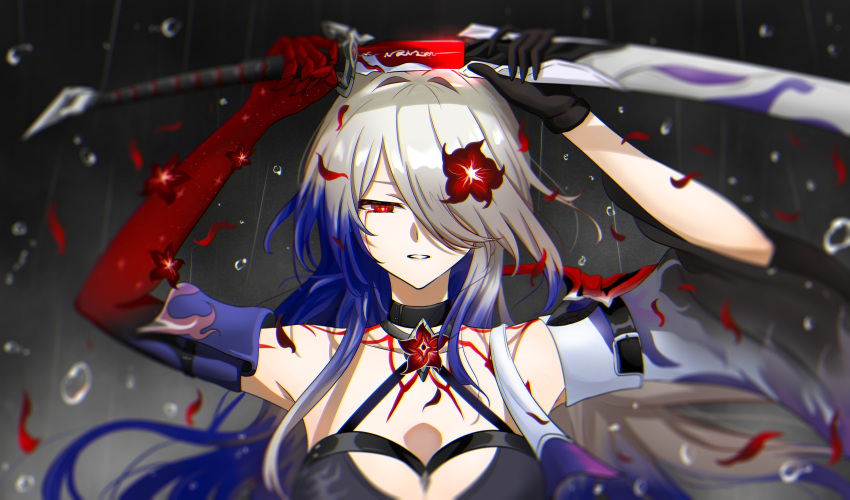 1girl absurdres acheron_(honkai:_star_rail) bare_shoulders black_choker black_gloves blood blood_from_eyes breasts bright_pupils choker cleavage colored_extremities commentary_request criss-cross_halter detached_sleeves drawing_sword flower gloves glowing glowing_sword glowing_weapon gradient_hair hair_intakes hair_over_one_eye half-closed_eyes halterneck highres holding holding_sword holding_weapon honkai:_star_rail honkai_(series) katana large_breasts looking_down multicolored_hair official_alternate_color portrait purple_hair rain red_eyes red_flower red_petals rywy2524 scabbard sheath single_glove single_wide_sleeve solo sword unsheathing water_drop weapon white_hair white_pupils