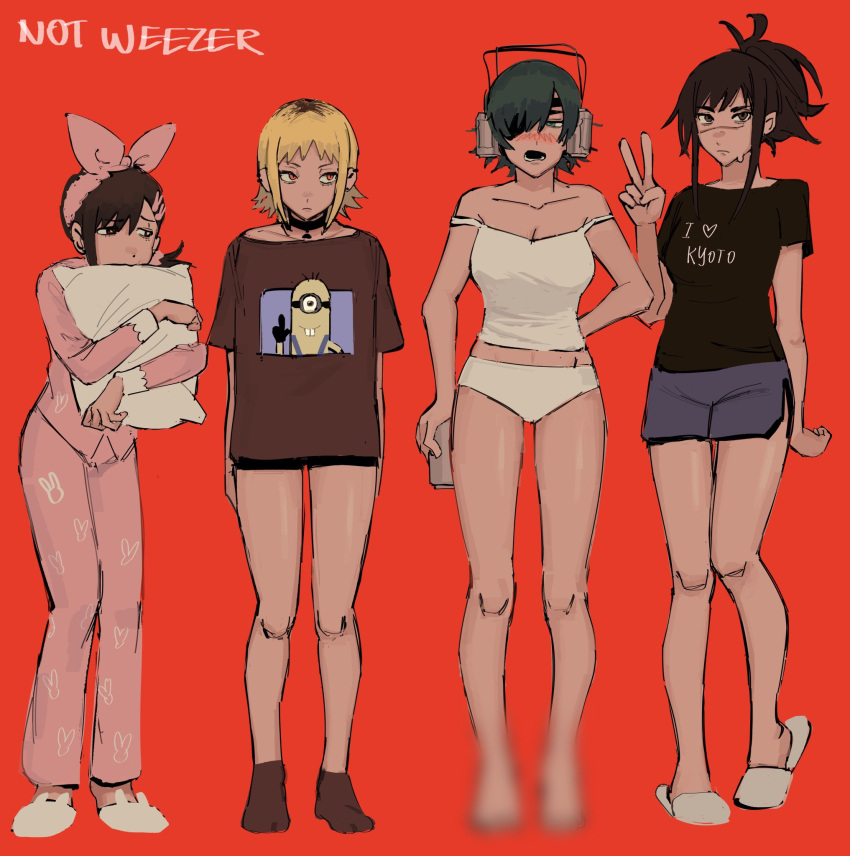 album_cover_redraw animal_slippers arms_behind_back bangs barefoot beer_can black_choker black_hair black_socks blonde_hair blush breasts brown_eyes brown_hair bunny_slippers camisole can censored censored_feet chainsaw_man character_print choker cleavage derivative_work despicable_me eyepatch green_eyes hair_ornament hairband hairclip higashiyama_kobeni highres himeno_(chainsaw_man) holding holding_can liowig looking_at_viewer looking_down looking_to_the_side makeshift_headset medium_breasts medium_hair minion_(despicable_me) mosaic_censoring object_hug off_shoulder open_mouth pajamas panties pillow pillow_hug pink_hairband pink_pajamas pointless_censoring red_background red_eyes sawatari_akane_(chainsaw_man) scar scar_on_face scar_on_nose short_hair short_ponytail short_shorts shorts simple_background single_sidelock slippers slit_pupils socks standing swept_bangs tendou_michiko underwear v weezer_(band) white_camisole white_panties