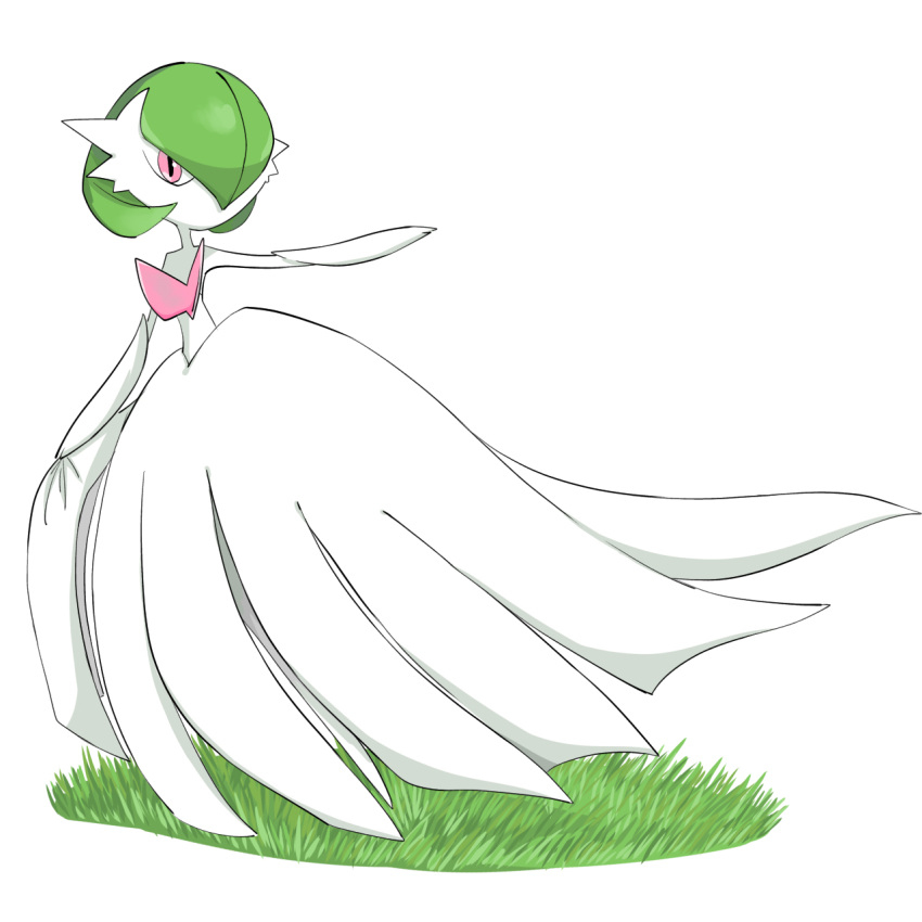 1girl arm_up bangs bare_shoulders bob_cut colored_skin commentary dress elbow_gloves flat_chest full_body gardevoir gloves grass green_hair hair_over_one_eye highres looking_at_viewer mega_gardevoir mega_pokemon no_mouth one_eye_covered outstretched_arm pink_eyes pokemon pokemon_(creature) rve short_hair simple_background solo standing strapless strapless_dress white_background white_dress white_gloves white_skin