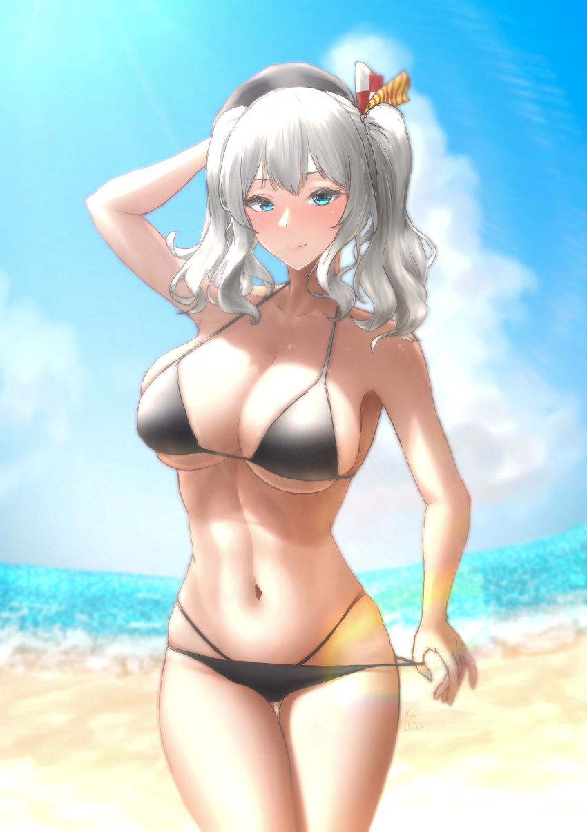 1girl absurdres alternate_costume arm_behind_head arm_up beret bikini black_bikini black_hat blue_eyes blue_sky breasts day grey_hair hat highres kantai_collection kashima_(kancolle) large_breasts long_hair looking_at_viewer multi-strapped_bikini_bottom navel ocean outdoors shushan sidelocks sky smile solo swimsuit twintails wavy_hair