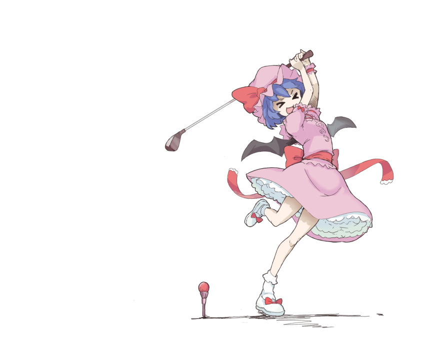 &gt;_&lt; 1girl :d ball bangs bat_wings blue_hair exkagerou8665 full_body golf golf_ball golf_club highres holding_club open_mouth pink_shirt pink_skirt playing_sports remilia_scarlet shirt short_hair short_sleeves simple_background skirt smile solo standing standing_on_one_leg touhou white_background white_footwear wings