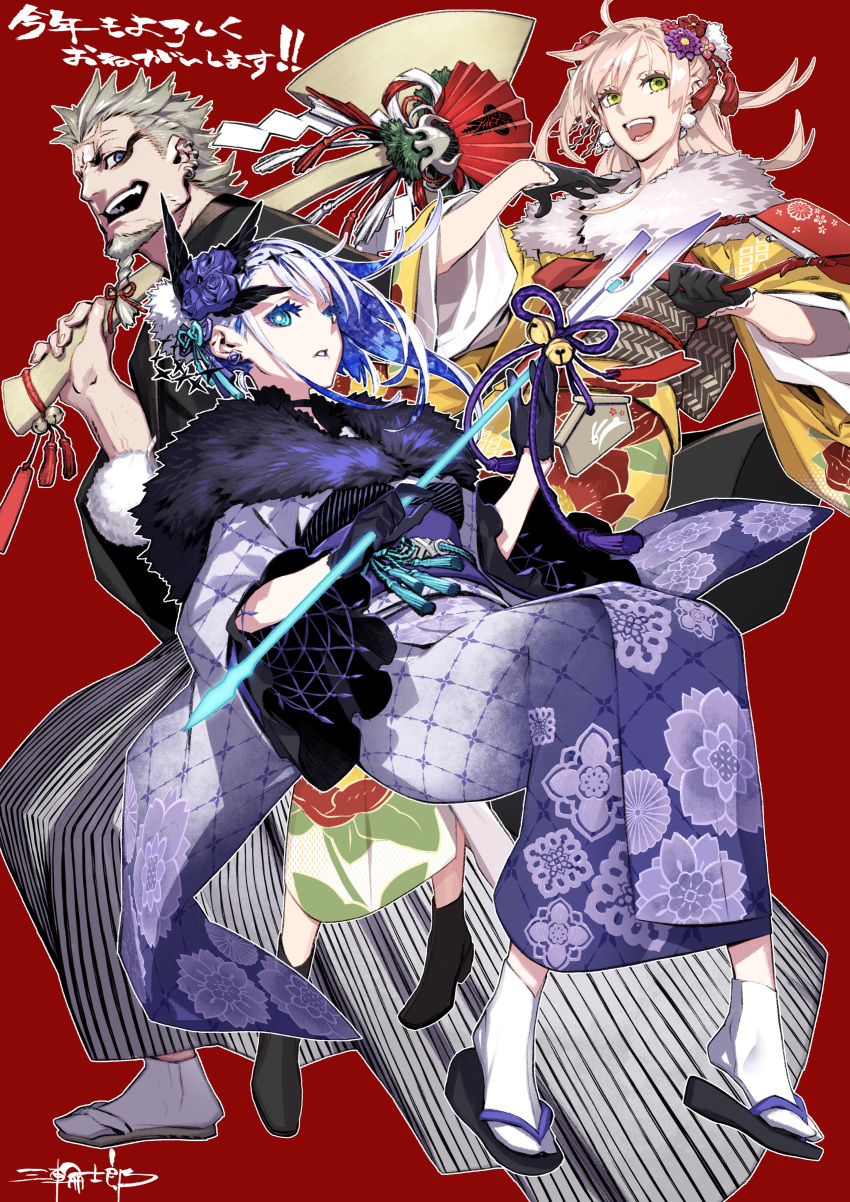 1boy 2girls absurdres alternate_costume arrow_(projectile) aslaug_(fate) axe black_gloves black_kimono blonde_hair blue_eyes colored_inner_hair commentary_request cross_scar fate:lost_einherjar fate_(series) floral_print flower frilled_sleeves frills fur_collar gloves green_eyes hair_flower hair_ornament hand_fan highres holding holding_arrow holding_axe husband_and_wife japanese_clothes kimono miwa_shirow multicolored_hair multiple_girls new_year obi open_mouth paper_fan print_kimono purple_flower purple_hair purple_kimono purple_rose ragnar_lodbrok_(fate) red_background remina_eltfrom_yggdmillennia rose sash scar scar_on_face simple_background smile teeth two-tone_hair upper_teeth_only white_hair wide_sleeves yellow_kimono yukata