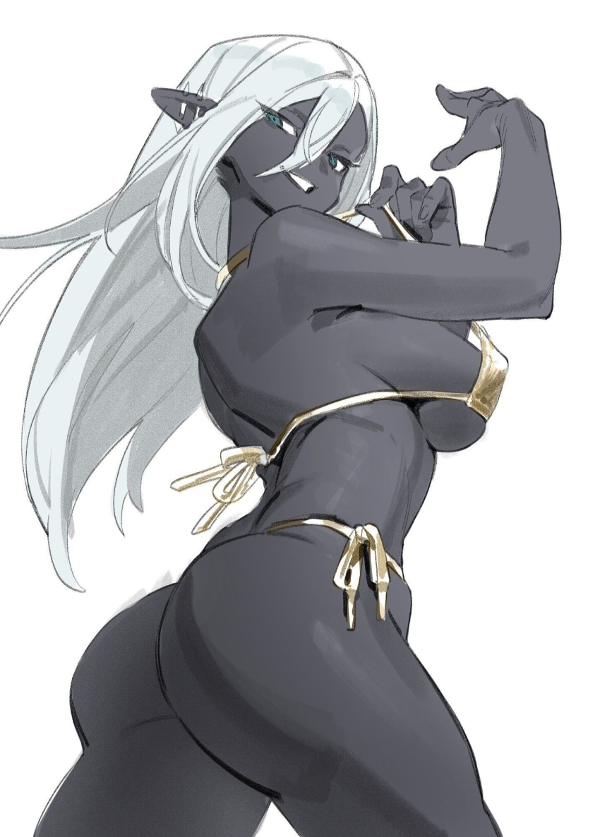 1girl aqua_eyes ass breasts character_request colored_skin commentary_request copyright_request dark_elf ear_piercing elf fingernails gekitetsu grey_skin highres large_breasts long_hair looking_at_viewer looking_to_the_side piercing pointy_ears shiny_skin sideboob smug solo straight_hair swimsuit thick_thighs thighs toned white_hair