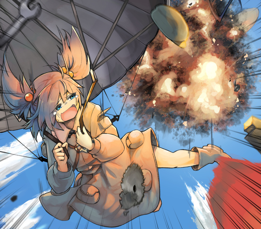1girl bangs blue_hair blue_shirt blue_skirt blue_sky cloud commission emphasis_lines explosion full_body ginnkei hair_bobbles hair_ornament highres kawashiro_nitori key long_sleeves looking_back open_mouth outdoors parachute sawblade shirt short_hair skeb_commission skirt sky solo tearing_up touhou two_side_up wrench