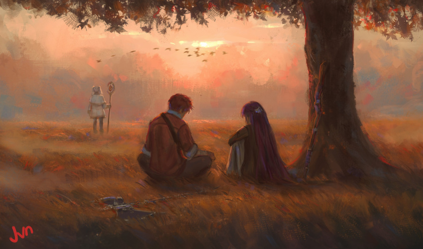 1boy 2girls absurdres bird black_robe butterfly_hair_ornament capelet cloud coat dress elf english_commentary fern_(sousou_no_frieren) frieren from_behind grass hair_ornament highres holding holding_staff jvndraws mage_staff multiple_girls official_art pointy_ears purple_hair red_coat red_hair robe scenery sitting sousou_no_frieren staff standing stark_(sousou_no_frieren) straight_hair strap tree twintails white_capelet white_dress white_hair