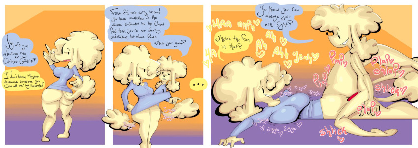 anthro big_breasts big_butt bootlegjones bottomless breasts brother_(lore) brother_and_sister_(lore) butt caleb_(bootlegjones) canid canine canis caroline_(bootlegjones) clothed clothing comic dialogue domestic_dog duo female fur genitals hi_res huge_breasts huge_butt incest_(lore) male male/female mammal orange_background penetration penis poodle red_penis sex sibling_(lore) simple_background sister_(lore) tail thick_thighs vaginal vaginal_penetration yellow_body yellow_fur