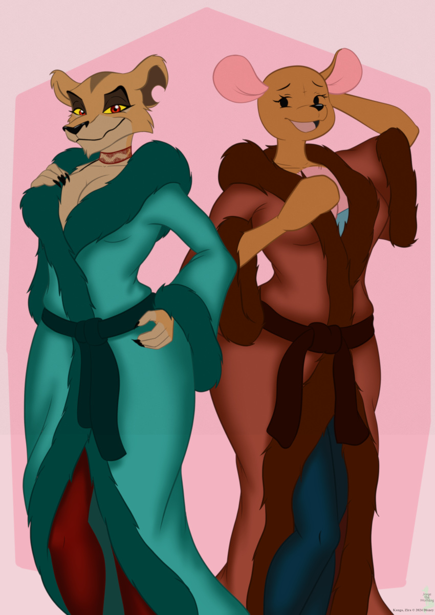 absurd_res animate_inanimate anthro anthrofied breasts brown_body claws clothed clothing collar digital_media_(artwork) disney duo felid female female/female hi_res jorge-the-wolfdog kanga kangaroo legwear lion living_plushie looking_at_viewer macropod mammal marsupial pantherine partially_clothed plushie robe simple_background smile stockings suggestive the_lion_king thick_thighs_mature_female_big_breasts winnie_the_pooh_(franchise) zira_(the_lion_king)