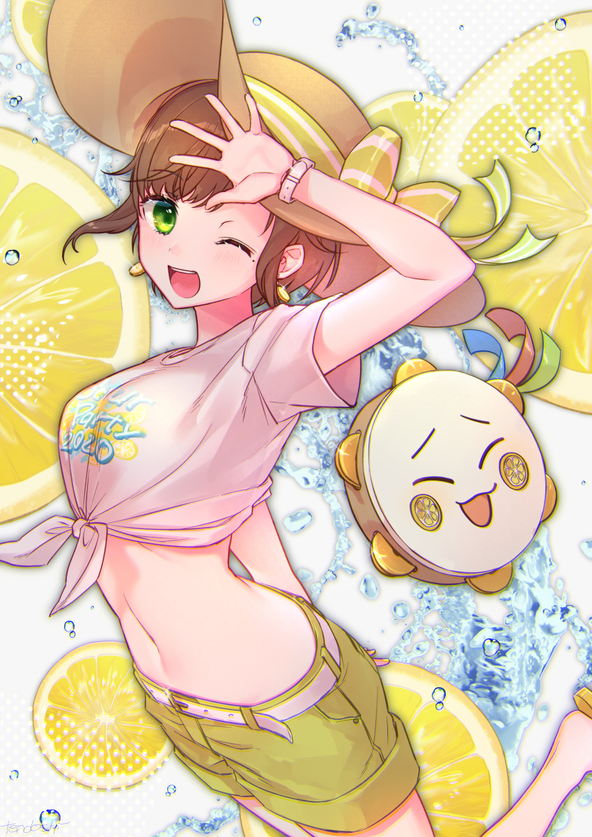 absurdres belt brown_hair earrings food fruit green_eyes hat highres instrument jewelry kashiko_mari lemon lemon_slice mole mole_under_eye one_eye_closed open_mouth pandy_(kashiko_mari) re:act shirt short_sleeves shorts standing standing_on_one_leg sun_hat tambourine tendosora tied_shirt virtual_youtuber watch water water_drop wristwatch yellow_shorts