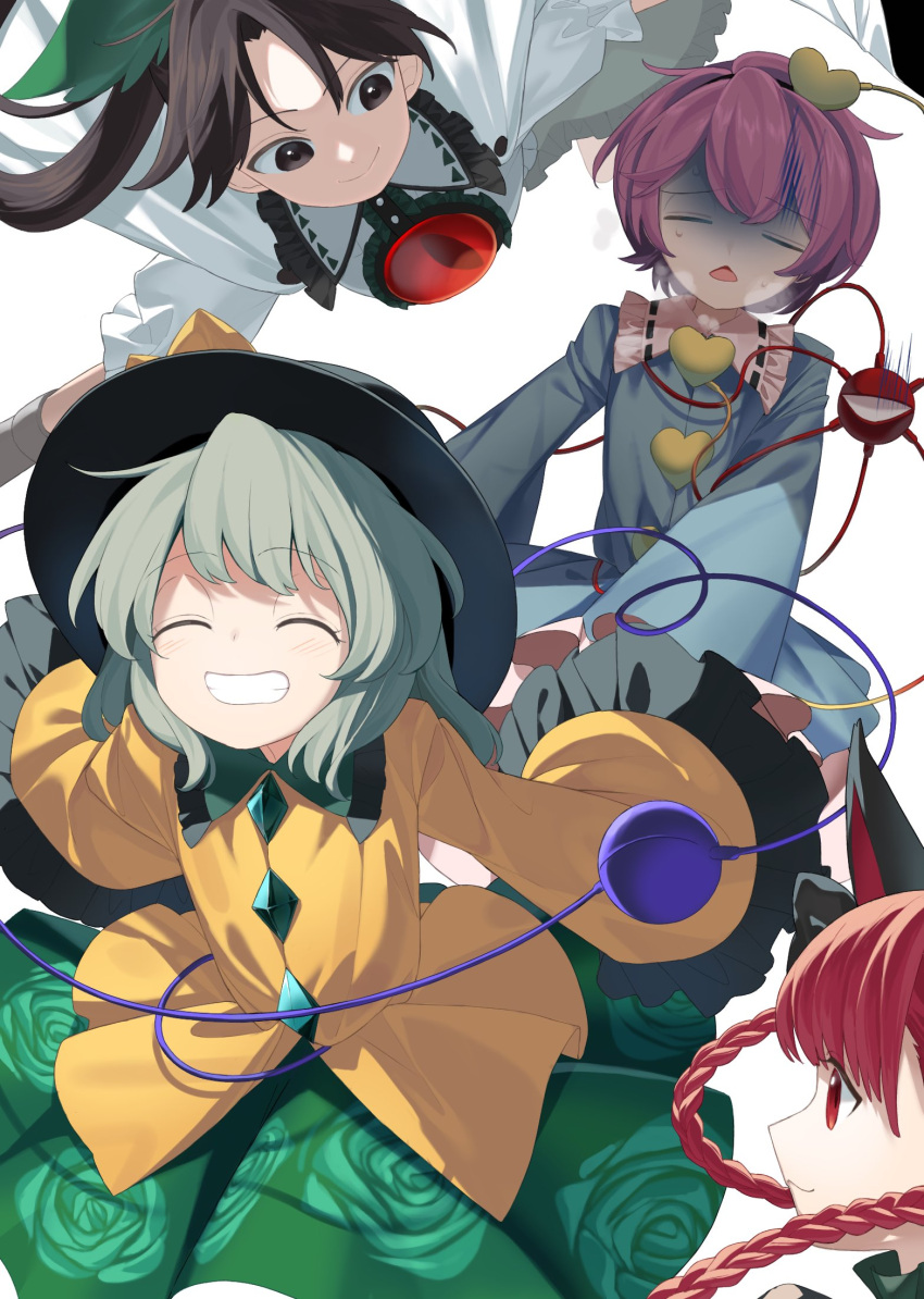 4girls =_= ^_^ animal_ears arms_behind_back black_eyes black_hair black_hat blue_shirt blush braid breath buttons cape cat_ears chest_jewel chestnut_mouth closed_eyes closed_mouth commentary diamond_button exhausted facing_viewer floating_hair floral_print frilled_shirt_collar frilled_sleeves frills gem green_skirt grin hair_between_eyes hair_ornament happy hat heart heart_button heart_hair_ornament heavy_breathing highres kaenbyou_rin keiki8296 komeiji_koishi komeiji_satori long_hair long_sleeves looking_at_another medium_hair multiple_girls open_mouth pink_hair print_skirt red_eyes red_gemstone red_hair reiuji_utsuho rose_print running shaded_face shirt short_hair simple_background skirt smile touhou twin_braids white_background white_cape white_shirt wide_sleeves yellow_shirt
