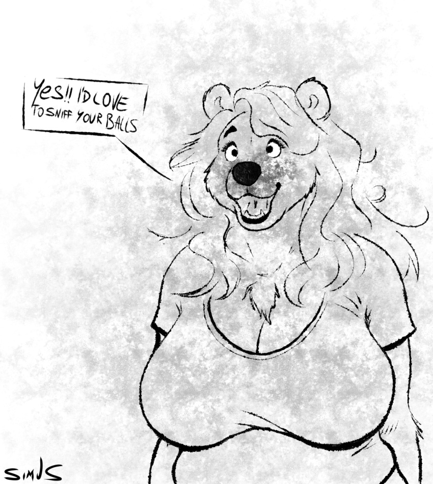 anthro bear big_breasts breasts clothed clothing english_text female fully_clothed hi_res mammal musk musk_fetish shirt simusart slightly_chubby smile solo speech_bubble t-shirt text topwear