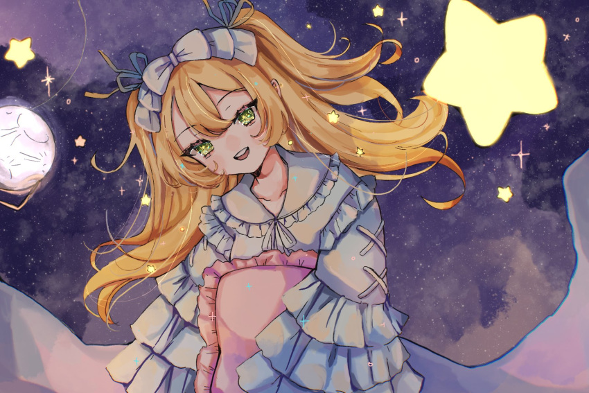 127 1girl alternate_costume blonde_hair bow dokibird_(vtuber) dress frills green_eyes hair_bow highres indie_virtual_youtuber long_hair looking_at_viewer moon night night_sky open_mouth pillow sky smile solo star_(sky) starry_sky teeth twintails upper_body upper_teeth_only virtual_youtuber white_bow white_dress