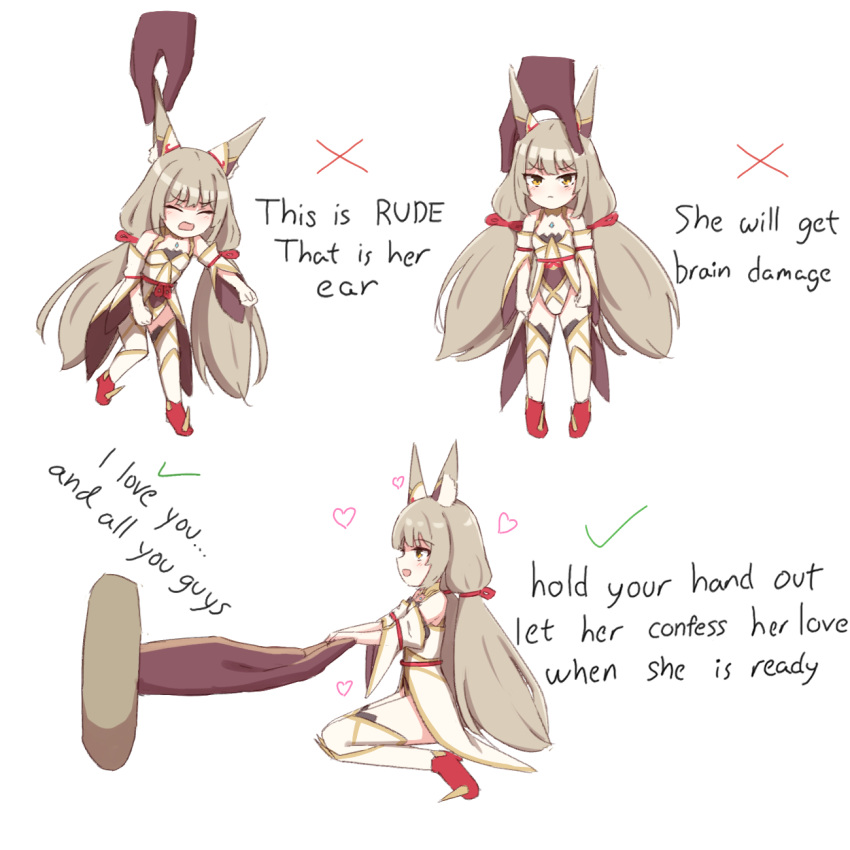 1boy 1girl animal_ear_fluff animal_ears chirun0 closed_eyes closed_mouth detached_sleeves disembodied_hand english_text full_body grabbing_another's_ear grey_hair hand_on_another's_ear hand_on_another's_head highres how_to_hold_x_(meme) leotard long_hair looking_at_viewer low_twintails meme mini_person minigirl multiple_views nia_(blade)_(xenoblade) nia_(xenoblade) red_footwear rex_(xenoblade) source_quote thighhighs twintails very_long_hair white_thighhighs xenoblade_chronicles_(series) xenoblade_chronicles_2 yellow_eyes