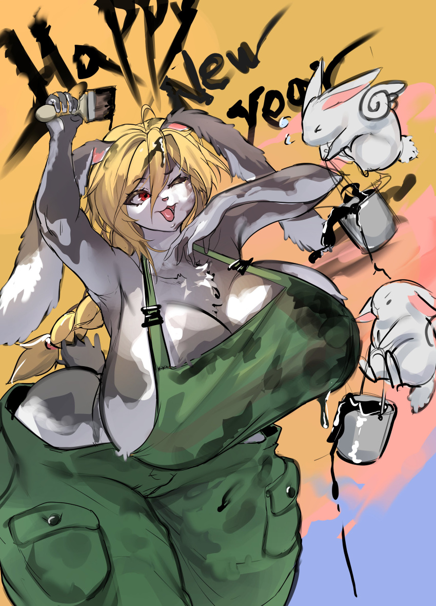 2023 absurd_res anthro big_breasts biped blonde_hair breasts brush chinese_zodiac clothing dirty english_text female feral fur green_overalls grey_body grey_fur group hair hi_res holding_brush holding_object holding_paintbrush holidays huge_breasts kantan lagomorph leporid mammal new_year one_eye_closed open_mouth open_smile overalls overalls_only paint_can paintbrush quadruped rabbit red_eyes smile solo_focus text trio year_of_the_rabbit