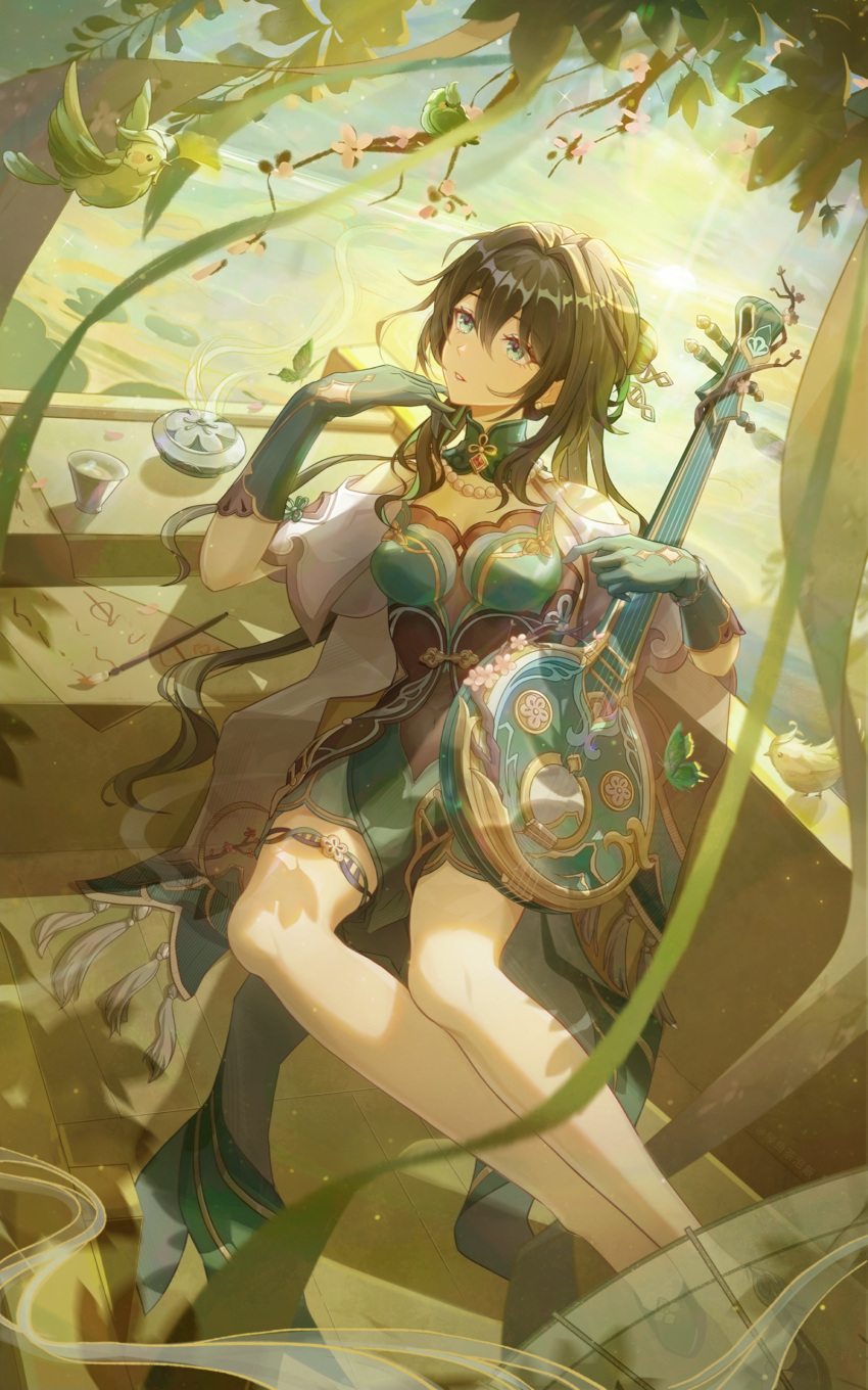 1girl absurdres bare_shoulders bead_necklace beads bird black_hair covered_navel detached_collar detached_sleeves dress gloves green_dress green_eyes green_gloves hair_between_eyes hair_ornament high_heels highres holding holding_instrument honkai:_star_rail honkai_(series) instrument jewelry long_hair looking_at_animal manyuchapaofan93687 necklace outdoors parted_lips ruan_mei_(honkai:_star_rail) short_sleeves