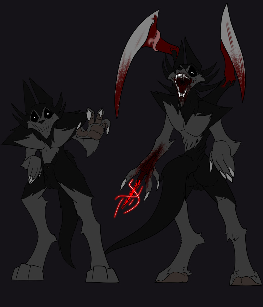 absurd_res alien alien_humanoid alteredkrimson animal_genitalia anthro blood blood_on_face blood_on_hand bodily_fluids body_horror canid canine claws crazed_expression digitigrade_anthro duo ears_up extra_limbs fully_sheathed fur genitals handpaw hi_res humanoid looking_at_viewer male mammal mouthless mutation paws reaching_towards_viewer sharp_teeth sheath solo t'voal_(alteredkrimson) tail teeth