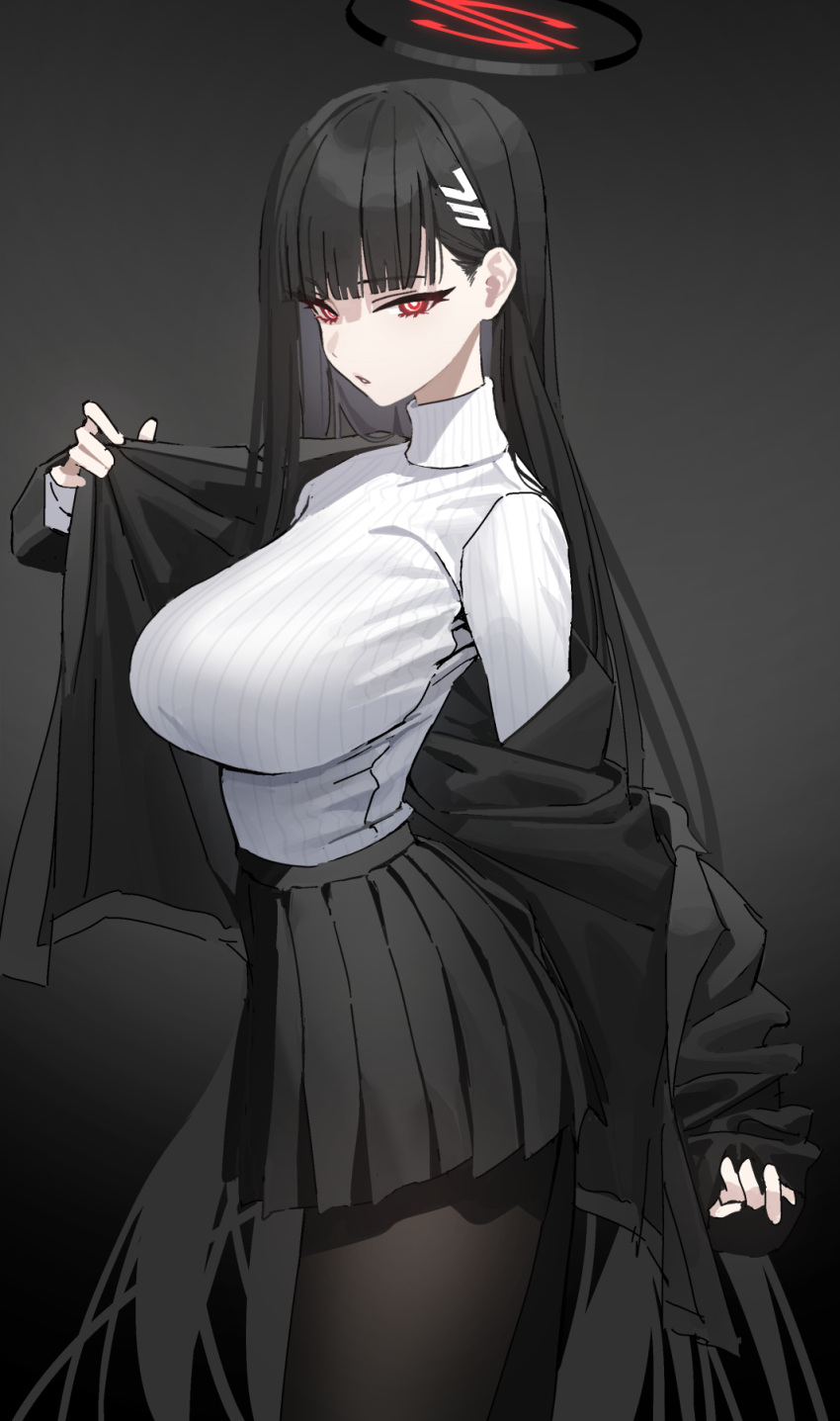 1girl bangs black_hair black_jacket black_skirt blue_archive breasts brown_pantyhose halo highres jacket large_breasts long_hair long_sleeves looking_at_viewer mx2j off_shoulder open_clothes open_jacket open_mouth pantyhose pleated_skirt red_eyes ribbed_sweater rio_(blue_archive) skirt solo sweater thighs turtleneck turtleneck_sweater very_long_hair white_sweater