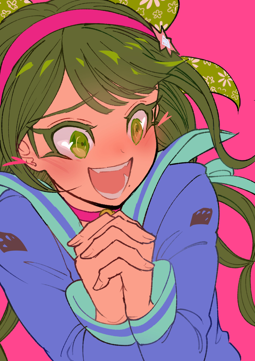 1girl :d absurdres blue_shirt blush chabashira_tenko danganronpa_(series) danganronpa_v3:_killing_harmony drill_hair floral_print green_hair green_ribbon grey_sailor_collar hairband hands_up heart highres interlocked_fingers long_hair mole mole_under_mouth open_mouth own_hands_together pink_background pink_hairband ribbon sailor_collar shirt simple_background smile solo teeth twin_drills upper_body youko-shima