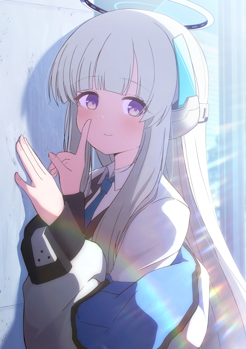 1girl blue_archive blue_necktie blush closed_mouth collared_shirt grey_hair halo highres index_finger_raised jacket kaine_(gupisgood) long_hair long_sleeves looking_at_viewer mechanical_halo necktie noa_(blue_archive) purple_eyes shirt smile solo upper_body white_jacket white_shirt window