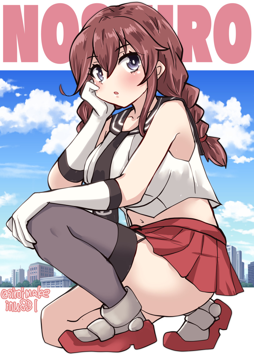 1girl absurdres black_necktie black_sailor_collar braid breasts brown_hair character_name cityscape gloves green_eyes grey_thighhighs highres kantai_collection kitahama_(siroimakeinu831) large_breasts long_hair looking_at_viewer navel necktie noshiro_(kancolle) one-hour_drawing_challenge red_skirt sailor_collar school_uniform serafuku shirt single_thighhigh skirt sleeveless sleeveless_shirt solo squatting swept_bangs thighhighs twin_braids twitter_username white_gloves