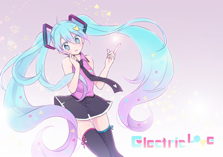 1girl azurite0012 bangs blue_eyes blue_hair blush collared_shirt cube electric_love_(vocaloid) gradient_hair hair_ornament hatsune_miku heart heart-shaped_pupils heart_hair_ornament index_finger_raised long_hair looking_at_viewer multicolored_hair necktie open_mouth project_diva_(series) purple_hair shirt skirt sleeveless sleeveless_shirt smile solo song_name symbol-shaped_pupils thighhighs twintails very_long_hair vocaloid