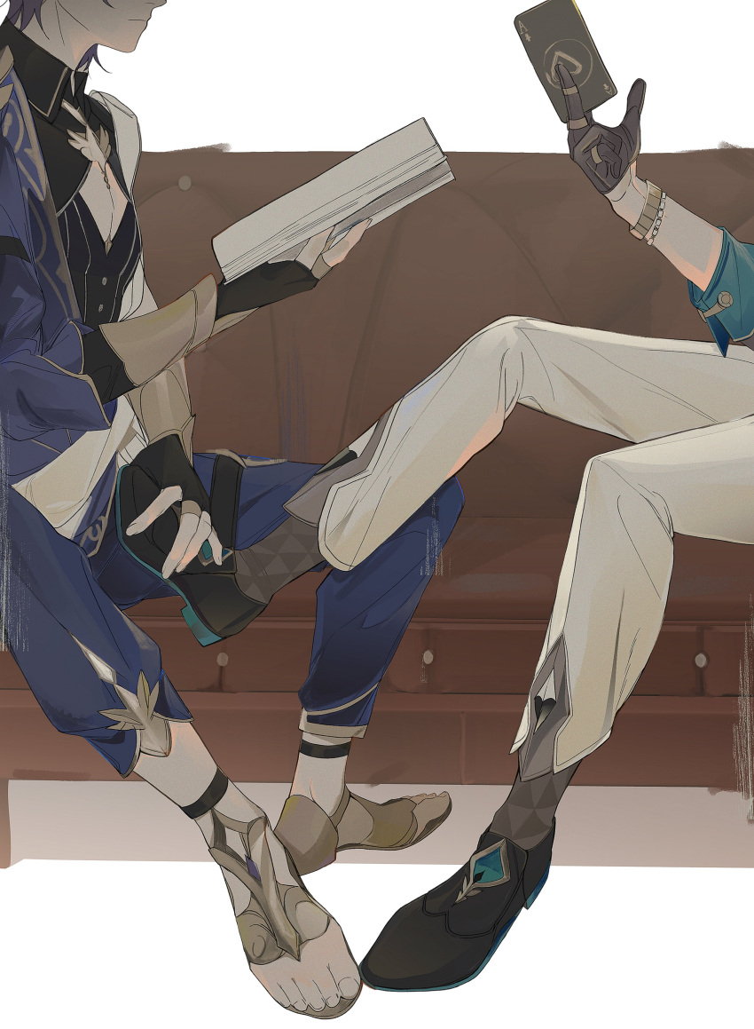 2boys absurdres ace_(playing_card) ace_of_spades aventurine_(honkai:_star_rail) black_footwear blue_jacket blue_pants book brown_socks card cleavage_cutout clothing_cutout couch dr._ratio_(honkai:_star_rail) fingerless_gloves foot_to_another's_crotch gloves highres hmdksolsw4 holding holding_card honkai:_star_rail honkai_(series) jacket jewelry male_focus multiple_boys pants playing_card reading ring sandals shirt shoes socks spade_(shape) white_pants yaoi