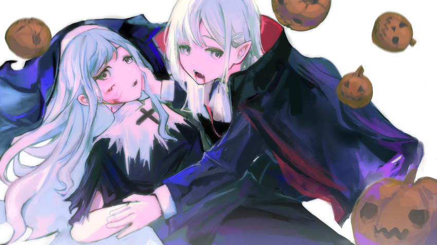 2girls absurdres bang_dream! bang_dream!_it's_mygo!!!!! black_cape black_dress blood blood_from_mouth blood_on_face blue_hair cape commentary cross cross_necklace dress fangs green_hair habit hair_ornament hairclip hand_on_another's_arm hand_on_another's_face highres jack-o'-lantern jewelry ki3wii long_hair long_sleeves looking_at_viewer lying multiple_girls necklace nun on_back open_mouth pointy_ears simple_background symbol-only_commentary togawa_sakiko vampire wakaba_mutsumi white_background yuri