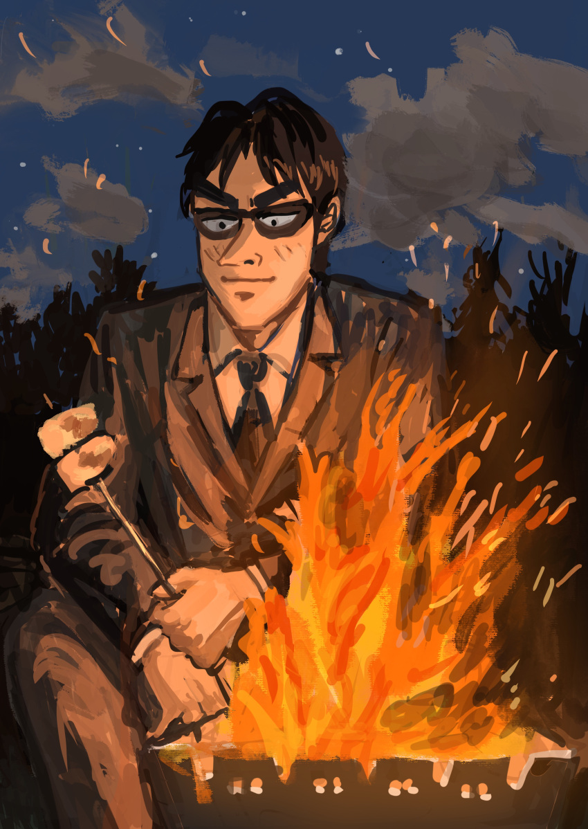 1-nichi_gaishutsuroku_hanchou 1boy absurdres black_eyes black_hair black_jacket black_necktie black_pants blazer blue_sky campfire closed_mouth cloud collared_shirt commentary_request cooking feet_out_of_frame fire fukumoto_nobuyuki_(style) highres jacket kaiji long_sleeves male_focus minahamu miyamoto_hajime necktie night official_style pants parody pointy_nose s'more shirt short_bangs short_hair sky smile solo style_parody suit sunglasses thick_eyebrows v-shaped_eyebrows white_shirt