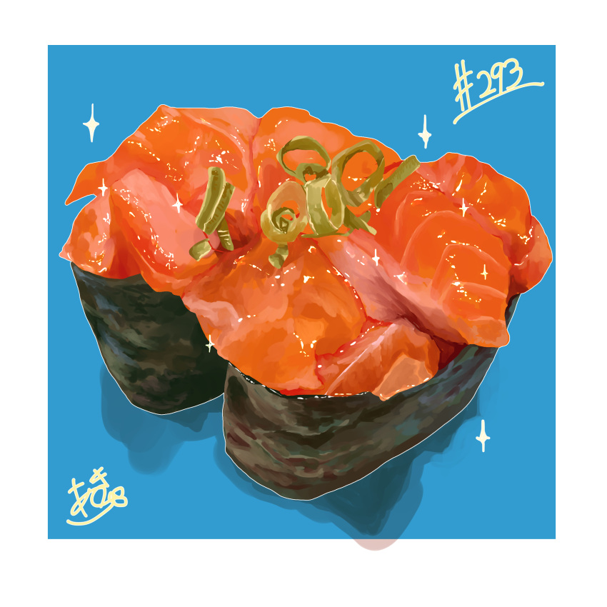 absurdres artist_name fish_(food) food food_focus highres no_humans original salmon sparkle sushi takisou_sou