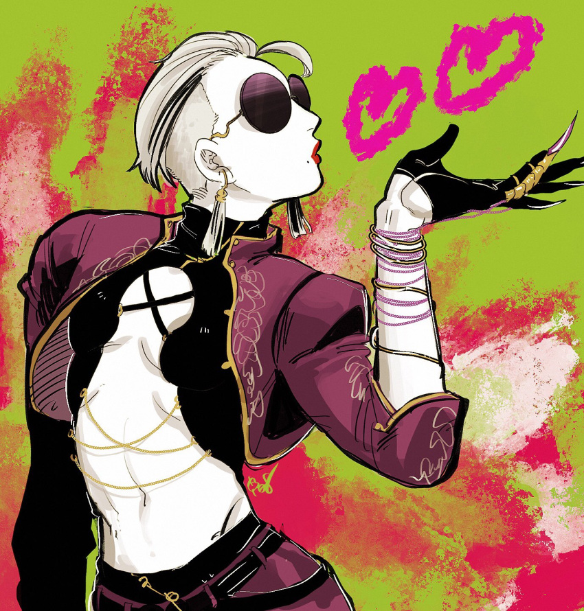 1girl a.k.i._(street_fighter) asymmetrical_hair black_gloves blowing_kiss breasts claw_(weapon) claw_ring cleavage earrings glasses gloves grey_hair hair_slicked_back heart highres jewelry mole mole_under_mouth navel no_bra official_alternate_costume official_alternate_hairstyle opaque_glasses pale_skin plus08_(tasuhachi) red_lips round_eyewear shrug_(clothing) sidecut small_breasts solo stomach street_fighter street_fighter_6 sunglasses tassel tassel_earrings undercut upper_body weapon