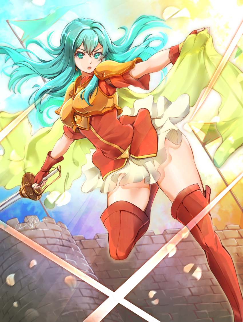 1girl aqua_hair armor blue_eyes blue_hair breastplate cape clear_glass_(mildmild1311) dutch_angle earrings eirika_(fire_emblem) fingerless_gloves fire_emblem fire_emblem:_the_sacred_stones fortress gloves highres holding holding_rapier holding_sword holding_weapon jewelry long_hair looking_at_viewer miniskirt open_mouth rapier red_gloves red_shirt shirt short_sleeves shoulder_armor skirt smile solo sword thick_thighs thighhighs thighs weapon white_skirt wind wind_lift yellow_cape zettai_ryouiki