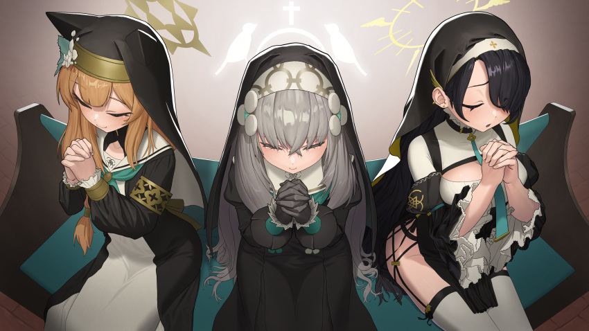 3girls absurdres animal_ears armlet bangs black_hair blue_archive breasts cleavage closed_eyes closed_mouth commentary_request crossed_bangs ear_piercing earrings fox_ears from_above glowing_halo grey_hair habit hair_between_eyes halo highres hinata_(blue_archive) jewelry juliet_sleeves korean_commentary large_breasts long_hair long_sleeves mari_(blue_archive) multiple_girls nun okokorika orange_hair own_hands_together pew piercing praying puffy_sleeves sakurako_(blue_archive) sitting smile thighhighs thighs very_long_hair white_thighhighs