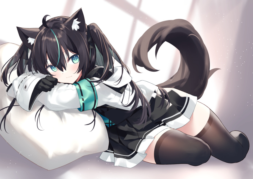 1girl absurdres animal_ear_fluff animal_ears aqua_eyes aqua_hair black_hair black_shirt black_skirt black_thighhighs commission dog_ears dog_girl dog_tail full_body head_rest highres hiraga_matsuri jacket long_hair long_sleeves looking_at_viewer miniskirt multicolored_hair non-web_source open_clothes open_jacket original pleated_skirt shirt skeb_commission skirt smile streaked_hair tail thighhighs two-tone_hair two_side_up white_jacket