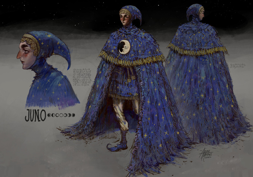 1boy absurdres azure_meraki blue_cape blue_footwear cape crescent_necklace hat highres jewelry juno_(azure_meraki) looking_at_viewer male_focus moon_with_face multiple_views necklace nightcap original pants parted_lips pointy_footwear profile standing white_pants