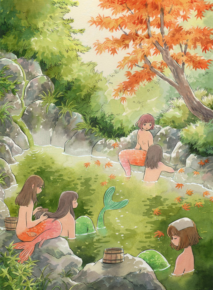 5girls autumn_leaves bare_shoulders black_eyes breasts brown_hair brushing_another's_hair brushing_hair bucket closed_eyes falling_leaves from_behind green_scales green_tail heikala highres leaf long_hair looking_at_another maple_leaf maple_tree medium_hair mermaid monster_girl multiple_girls nature no_shirt onsen orange_scales orange_tail original outdoors painting_(medium) partially_submerged rock short_hair sitting sitting_on_rock small_breasts towel towel_on_head traditional_media tree water watercolor_(medium) wooden_bucket