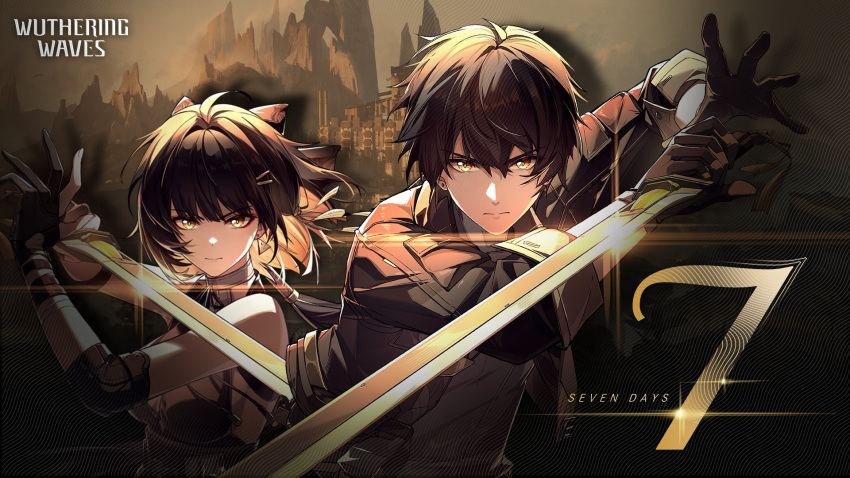 1boy 1girl bare_shoulders black_gloves black_hair black_jacket breasts countdown earrings female_rover_(wuthering_waves) gloves hair_ornament highres holding holding_sword holding_weapon jacket jewelry long_hair looking_at_viewer male_rover_(wuthering_waves) medium_breasts official_art rover_(wuthering_waves) serious shirt sideless_outfit sleeveless sword weapon wuthering_waves yellow_eyes
