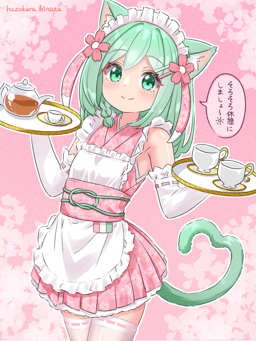 1girl absurdres animal_ear_fluff animal_ears apron blush braid cat_ears cat_girl cat_tail closed_mouth cup elbow_gloves floral_print flower frilled_apron frills gloves green_eyes green_hair hair_flower hair_ornament hairclip hazakura_hinata highres holding holding_tray japanese_clothes kimono looking_at_viewer maid maid_headdress obi original pink_background pink_flower pink_kimono ribbon_trim sash sleeveless sleeveless_kimono smile solo speech_bubble tail teacup teapot thighhighs translation_request tray variant_set white_apron white_thighhighs