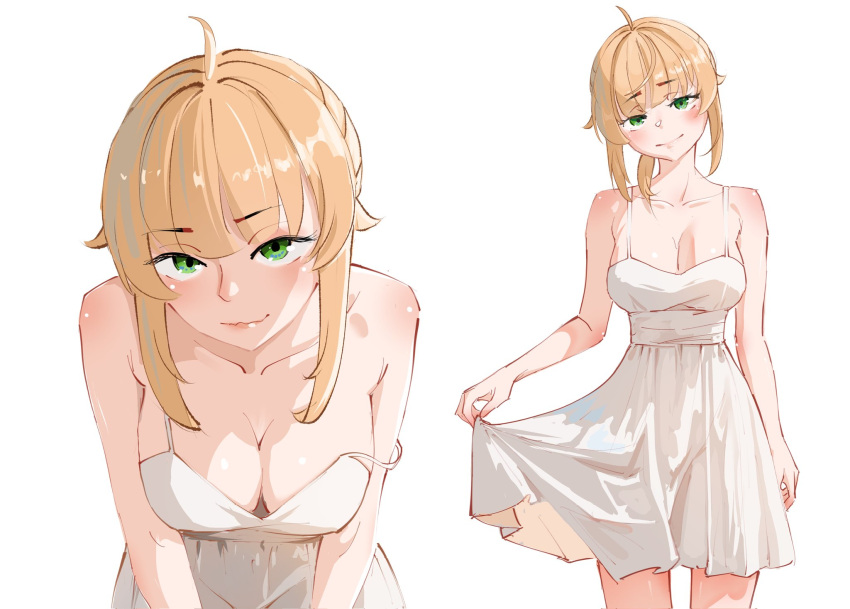 1girl aged_up ahoge babywipes breasts commentary cowboy_shot dress english_commentary green_eyes highres large_breasts leaning_forward looking_at_viewer multiple_views mushoku_tensei norn_greyrat sidelocks simple_background skirt_hold smile spaghetti_strap thighs upper_body white_background white_dress