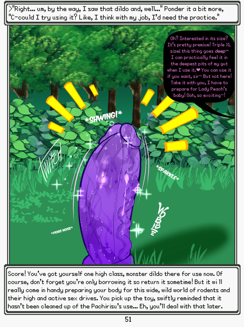 absurd_res dialogue dildo grass hi_res not_furry plant rodent_powered_(softestpuffss) sex_toy shadow shimmering softestpuffss speech_bubble text tree twitching