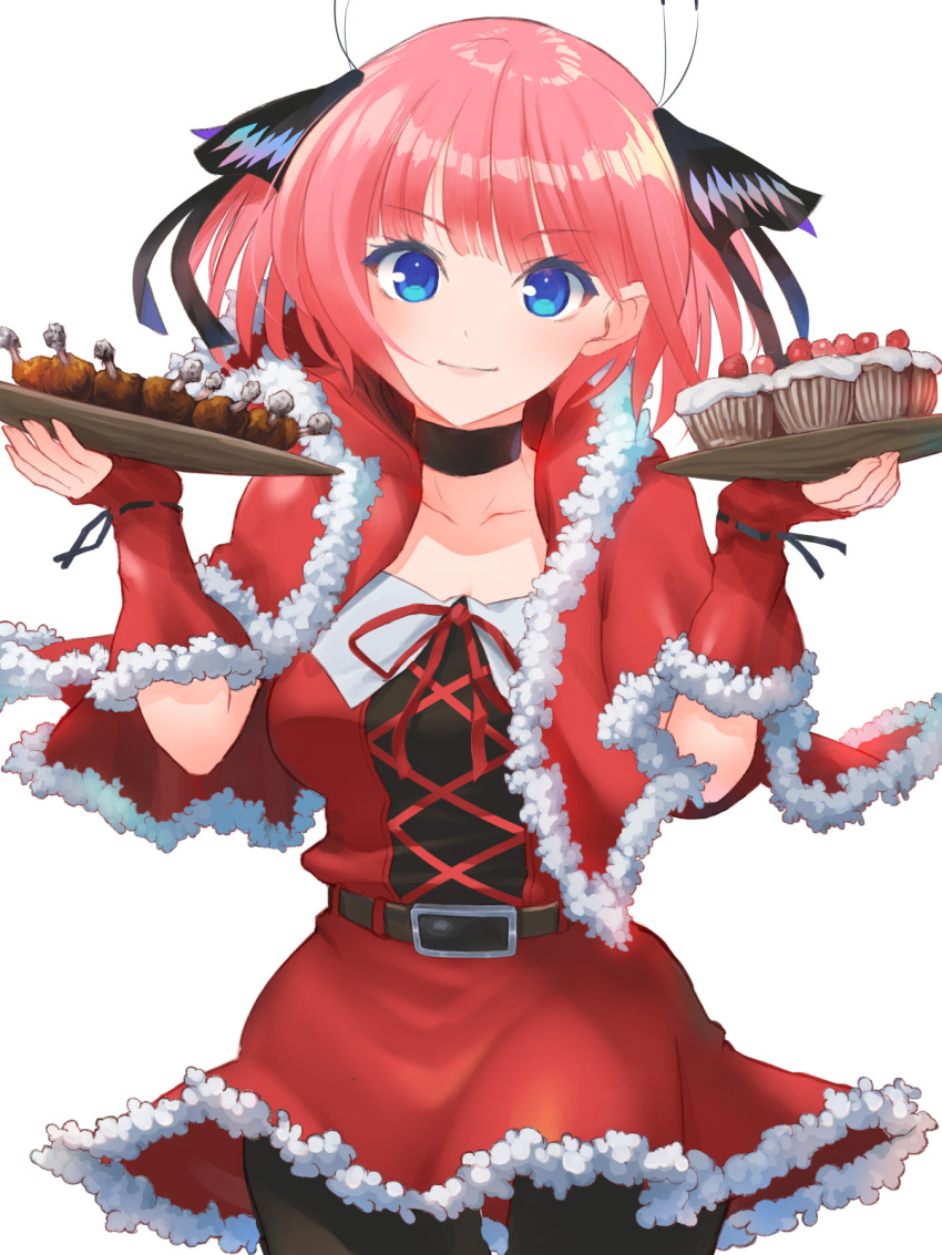 1girl belt black_choker black_pantyhose blue_eyes butterfly_hair_ornament cake cake_slice capelet chicken_(food) chicken_leg choker closed_mouth collarbone cowboy_shot dress fingerless_gloves food gloves go-toubun_no_hanayome hair_ornament hands_up highres hirokiku holding holding_tray looking_at_viewer nakano_nino pantyhose pink_hair red_capelet red_gloves santa_dress short_hair short_sleeves solo tray white_background