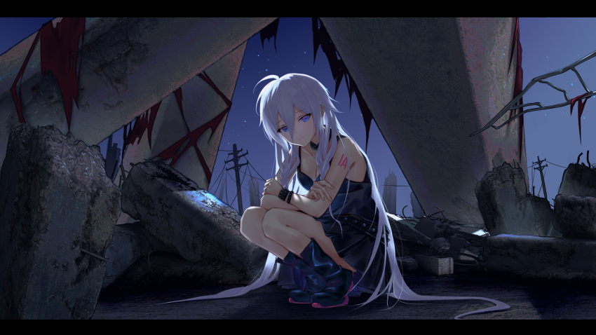 1girl ahoge backlighting bangs belt blue_eyes boots bracelet braid breasts cleavage collar commission crossed_arms dress frown highres ia_(vocaloid) jewelry long_bangs long_hair looking_at_viewer maboroshi_hane night night_sky outdoors pixiv_commission ruins sky sleeveless sleeveless_dress small_breasts solo spiked_bracelet spikes squatting star_(sky) starry_sky studded_belt studded_bracelet twin_braids utility_pole very_long_hair vocaloid white_hair