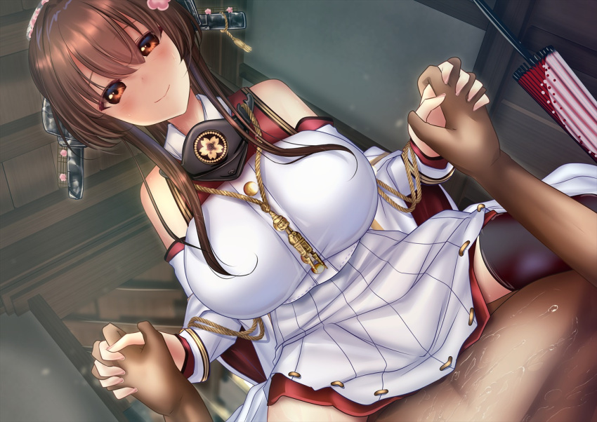 1boy 1girl breasts brown_eyes brown_hair cherry_blossoms clothed_female_nude_male clothing_cutout collar flower girl_on_top hair_between_eyes hair_flower hair_intakes hair_ornament headgear holding_hands huge_breasts indoors kantai_collection long_hair long_sleeves looking_at_viewer metal_collar nude oil-paper_umbrella pleated_skirt ponytail red_umbrella sakuramon shoulder_cutout shounen_(hogehoge) sidelocks skirt solo_focus straddling umbrella very_long_hair white_skirt white_umbrella yamato_(kancolle) yamato_kai_ni_(kancolle)