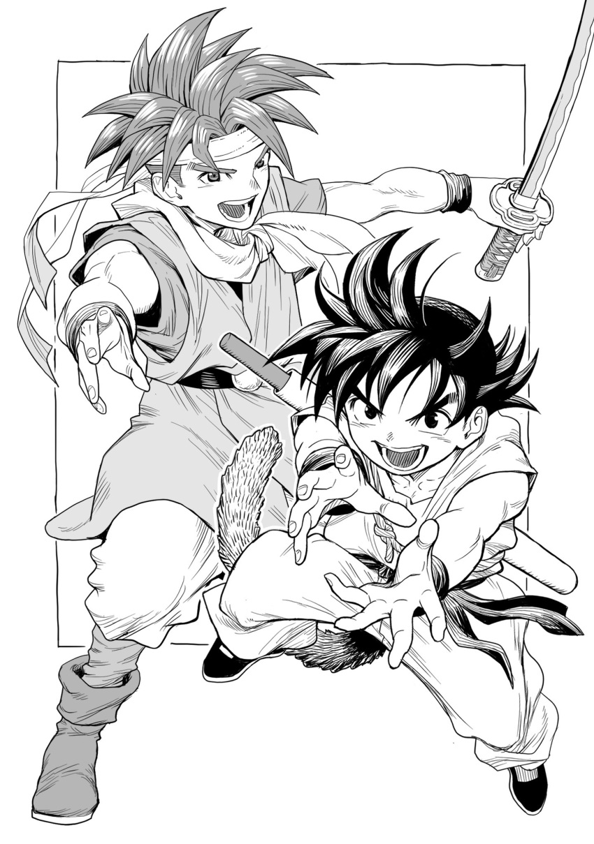 2boys black_eyes black_hair boots chrono_trigger crono_(chrono_trigger) dougi dragon_ball dragon_ball_(classic) greyscale headband highres holding holding_sword holding_weapon kimura_yuji looking_at_viewer male_focus monochrome multiple_boys open_mouth pants ruyi_jingu_bang scarf short_hair simple_background smile son_goku spiked_hair sword tail tunic weapon wristband
