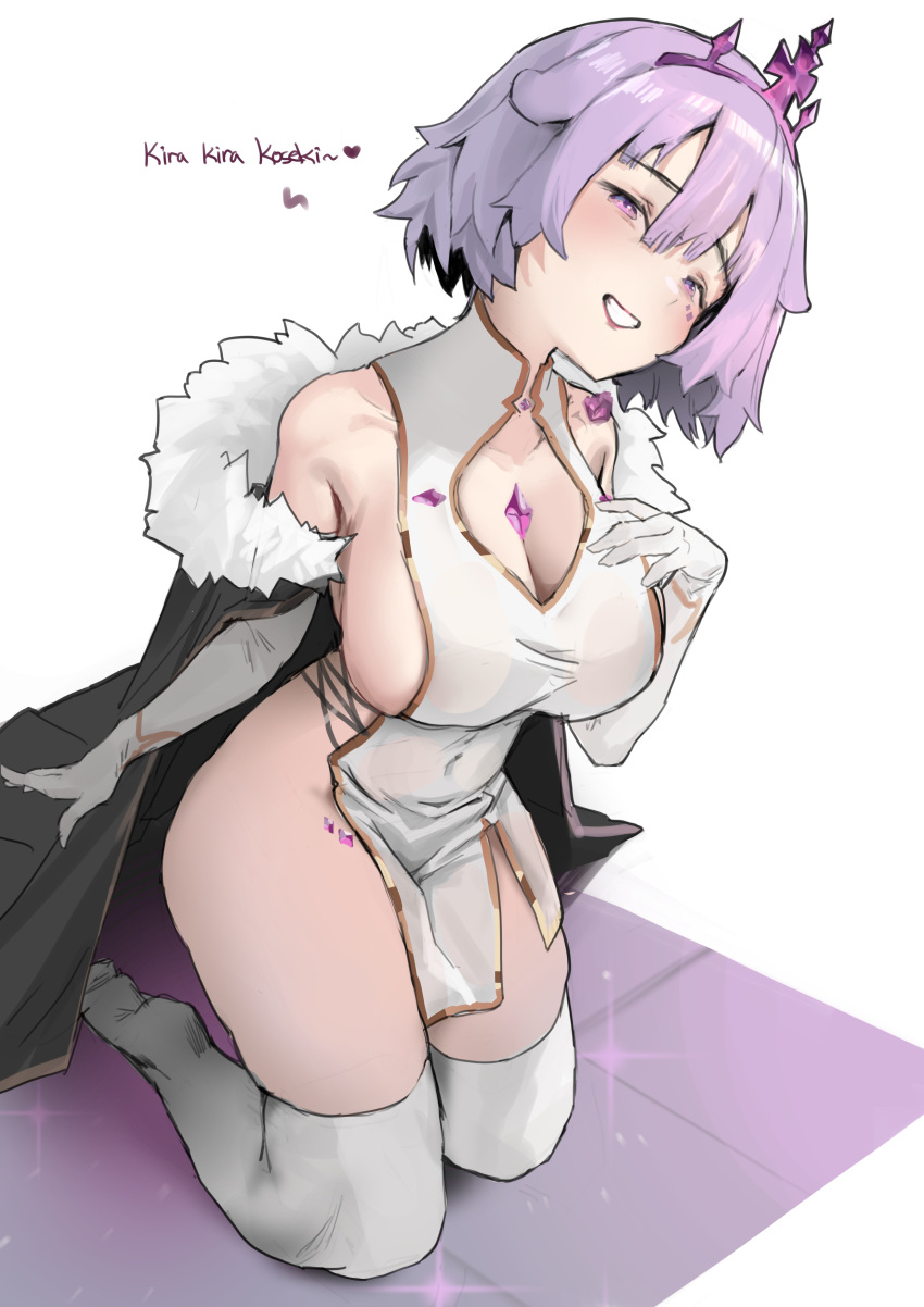 1girl absurdres blush breasts cape chest_jewel dress elbow_gloves gem gloves grey_hair highres hololive hololive_english looking_at_viewer momseki_(koseki_bijou) multicolored_hair purple_eyes purple_gemstone revealing_clothes short_hair smile tanukidraws thighhighs virtual_youtuber white_background white_dress