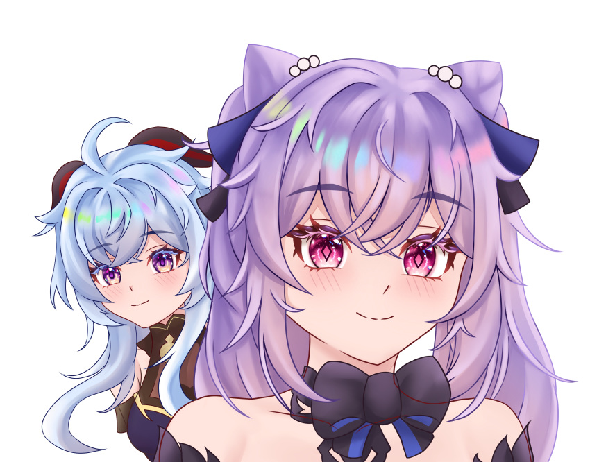 2girls absurdres ahoge bare_shoulders black_bow blue_hair bow commentary cone_hair_bun ganqing ganyu_(genshin_impact) ganyu_(twilight_blossom)_(genshin_impact) genshin_impact hair_bun highres horns keqing_(genshin_impact) keqing_(opulent_splendor)_(genshin_impact) long_hair looking_at_viewer multiple_girls portrait purple_eyes purple_hair revision simple_background smile twintails white_background
