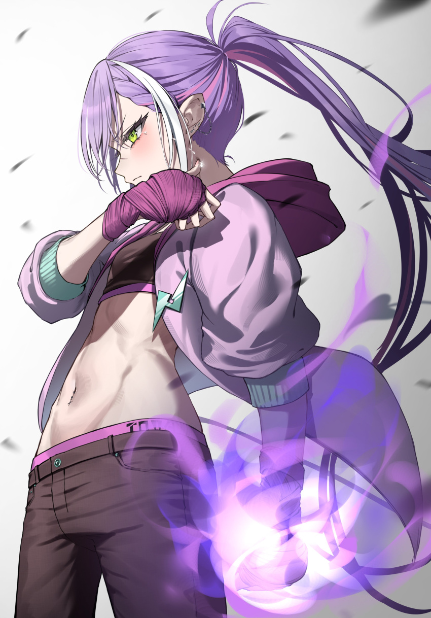 1girl abs absurdres adapted_costume black_bra bra character_name cosplay cowboy_shot demon_tail ear_piercing ed_(street_fighter) ed_(street_fighter)_(cosplay) fire from_side green_eyes hand_wraps highres hololive hood hoodie jacket long_hair multicolored_hair navel navel_piercing open_clothes open_jacket osechi_(pixiv56606477) piercing pink_hair pointy_ears ponytail profile purple_fire purple_hair solo sports_bra streaked_hair tail tokoyami_towa toned underwear virtual_youtuber white_background white_hair wrist_wrap