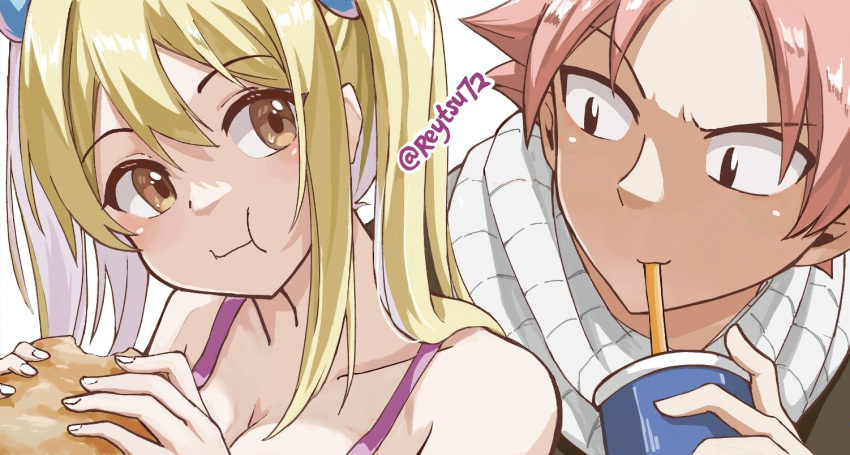 1boy 1girl artist_name bare_shoulders black_jacket blonde_hair breasts brown_eyes burger cleavage collarbone cup disposable_cup drinking_straw eating fairy_tail food holding holding_burger holding_food jacket large_breasts long_hair looking_at_another lucy_heartfilia natsu_dragneel pink_hair pink_shirt reytsu scarf shirt short_hair simple_background twitter_username upper_body white_background white_scarf