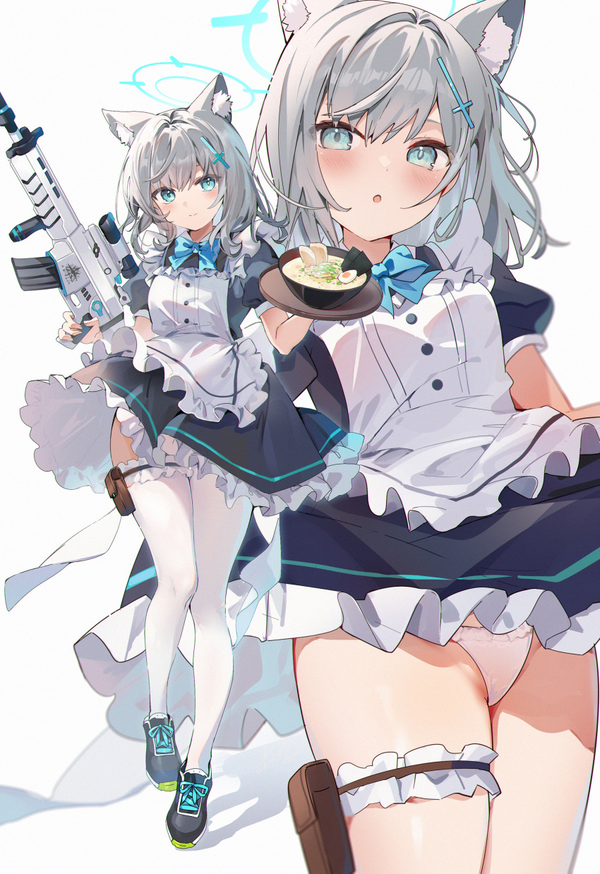 1girl absurdres animal_ear_fluff animal_ears apron black_dress black_footwear blue_archive blue_eyes blue_halo blush bowl breasts closed_mouth cross_hair_ornament dress extra_ears food frilled_apron frills grey_hair gun hair_between_eyes hair_ornament halo highres holding holding_gun holding_weapon kita_(kitairoha) medium_breasts medium_hair mismatched_pupils multiple_views noodles open_mouth panties puffy_short_sleeves puffy_sleeves ramen shiroko_(blue_archive) shoes short_sleeves smile thighhighs underwear weapon white_apron white_panties white_thighhighs wolf_ears