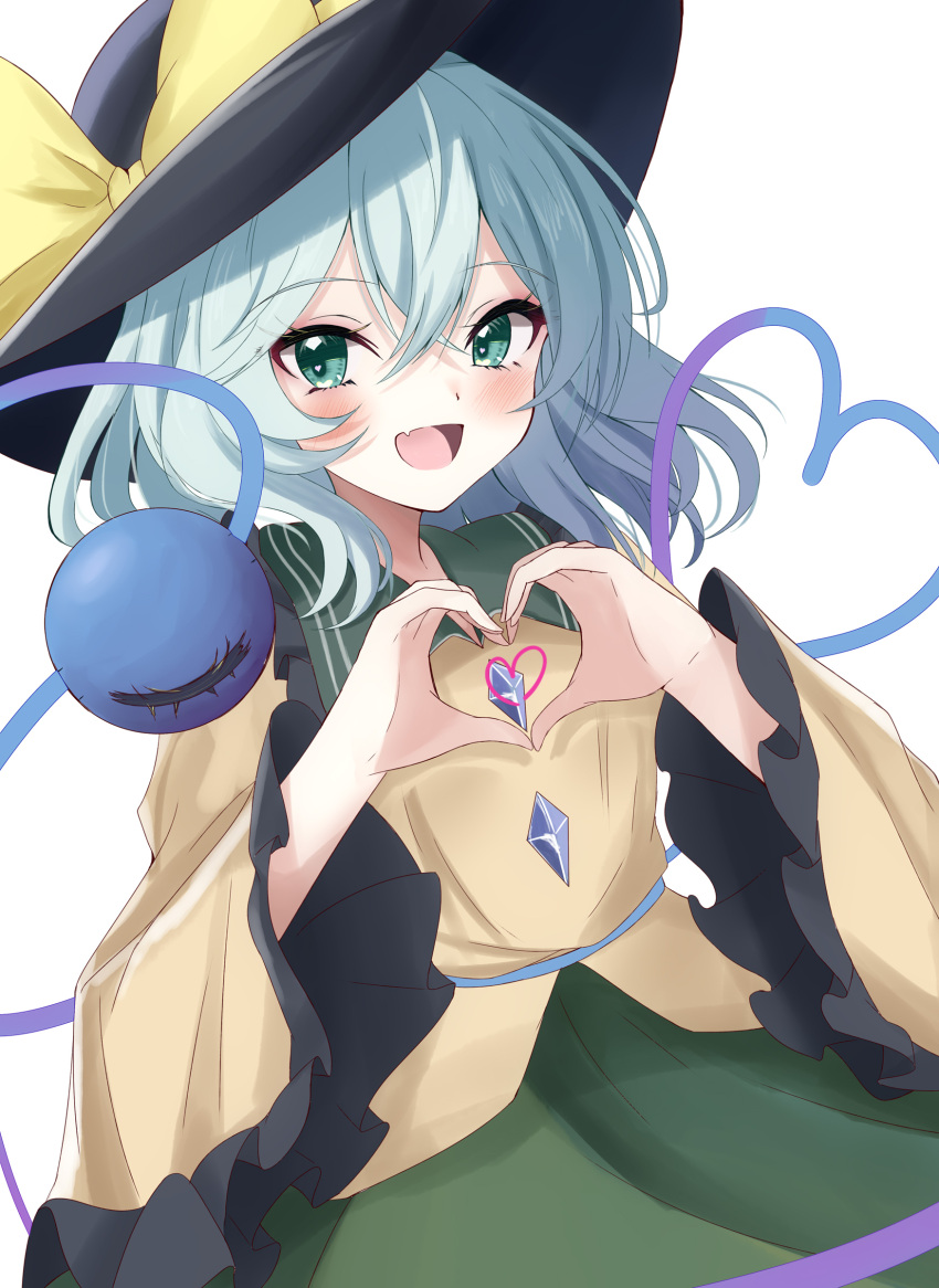 1girl :d absurdres atory black_hat blush bow commentary fang green_eyes green_hair green_skirt hat hat_bow heart heart_hands heart_of_string highres koishi_day komeiji_koishi long_sleeves looking_at_viewer open_mouth shirt short_hair simple_background skin_fang skirt smile solo third_eye touhou white_background wide_sleeves yellow_bow yellow_shirt