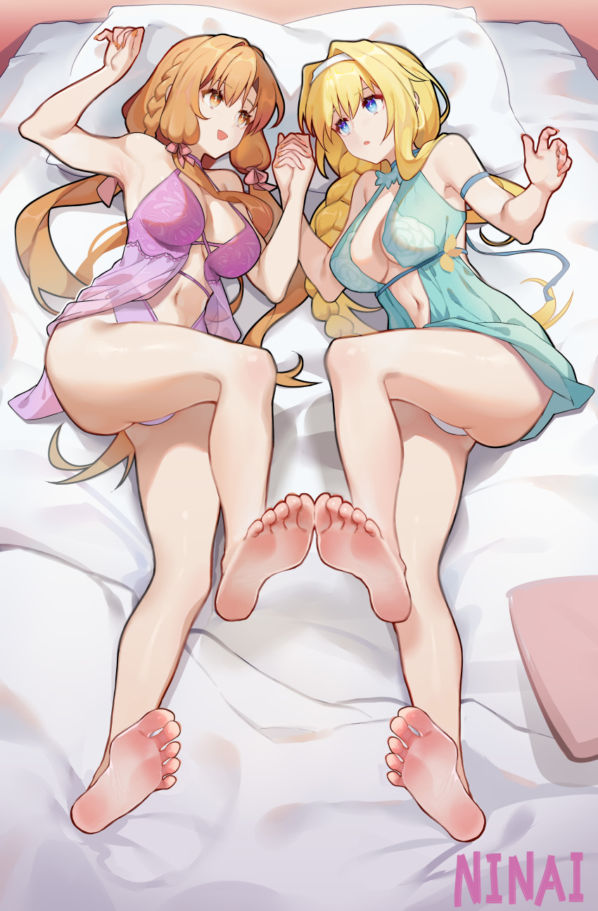 2girls absurdres alice_zuberg armpits arms_up asuna_(sao) bare_arms bare_legs bare_shoulders barefoot bed blonde_hair blue_eyes bra braid braided_ponytail breasts brown_eyes brown_hair clothing_cutout feet full_body highres holding_hands lingerie long_hair looking_at_another multiple_girls navel ninai no_shoes open_mouth panties pillow purple_panties revealing_clothes soles sword_art_online sword_art_online:_alicization sword_art_online:_alicization_-_war_of_underworld toes underwear white_panties yuri